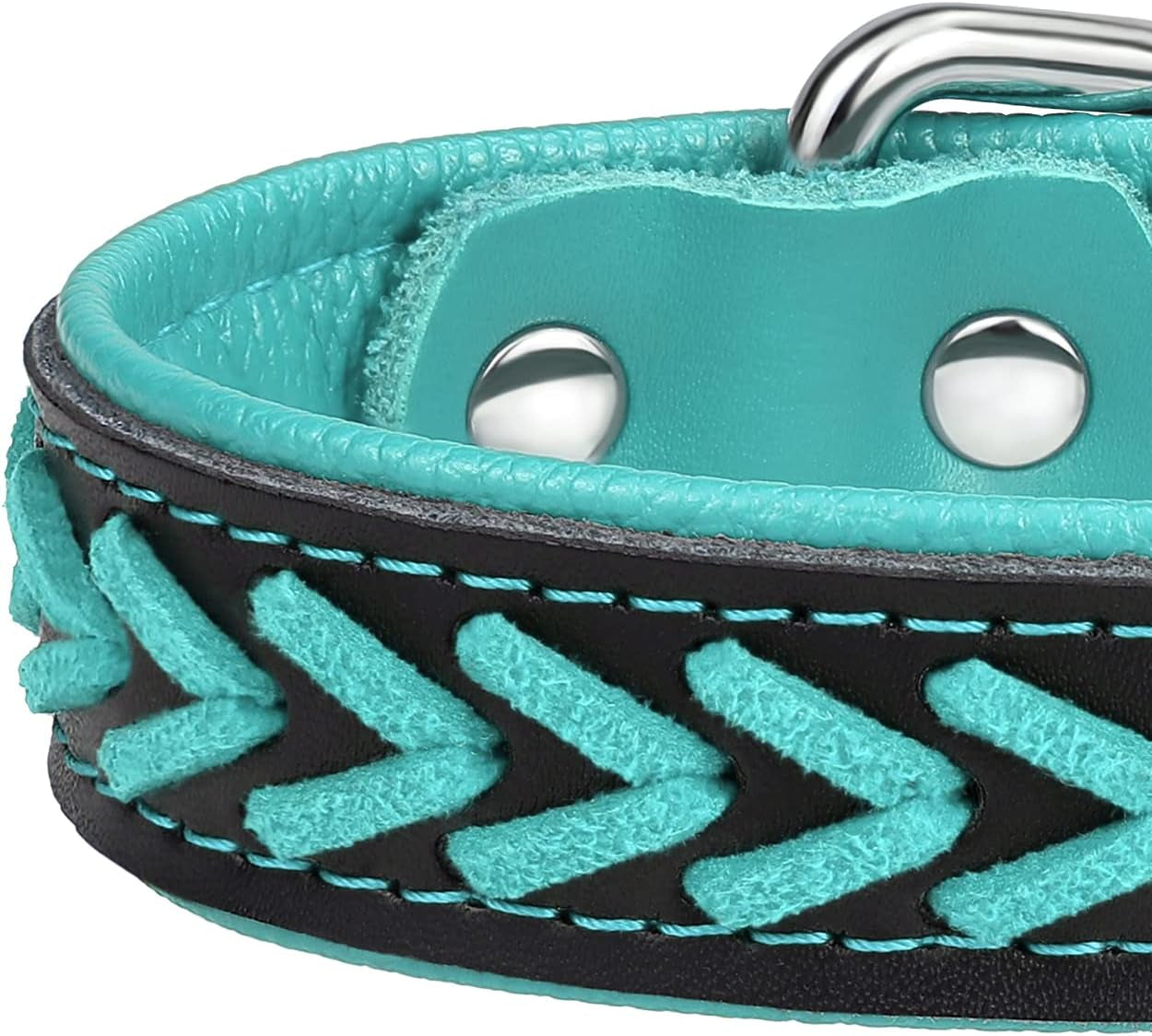 Tagme Leather Dog Collar for Puppy, Stylish Braided Padded Dog Collars with Double D-Rings for Girl and Boy Dog, Teal Blue XS