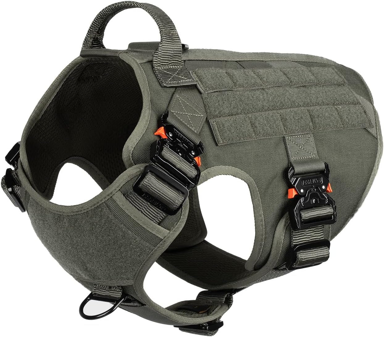 ICEFANG Tactical Dog Harness with 4X Metal Buckle,Working Dog MOLLE K9 Vest with Handle,No Pulling Front Clip,Adjustable Pet Harness for Large Dogs (L (28"-35" Chest), Green)