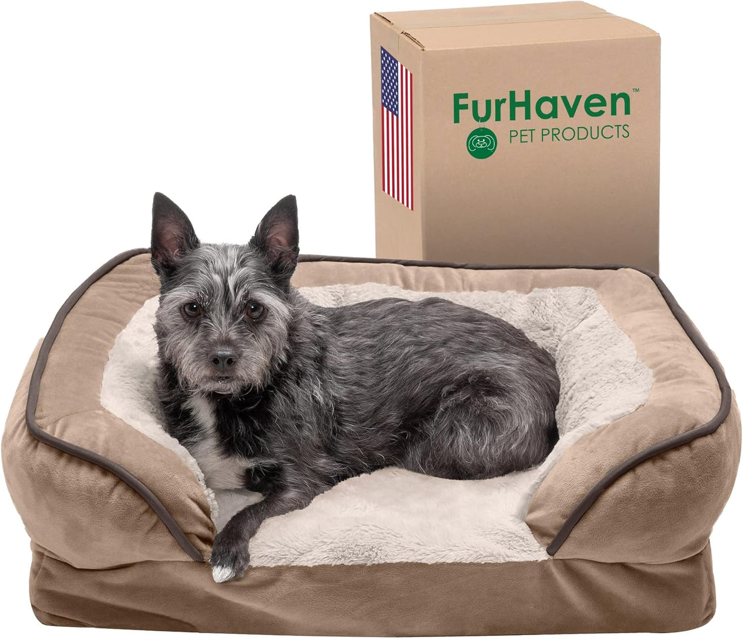 Furhaven Orthopedic Dog Bed for Small Dogs W/ Removable Bolsters & Washable Cover, for Dogs up to 20 Lbs - Plush & Velvet Waves Perfect Comfort Sofa - Celadon Green, Small