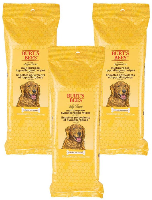 Burt'S Bees for Pets Multipurpose Dog Wipes with Honey, 98% Natural Origin Formulas, Hypoallergenic Dogs Wipe, Canine Cleaning Sheets for Paws and Butt, 3 Pk, 50Ct