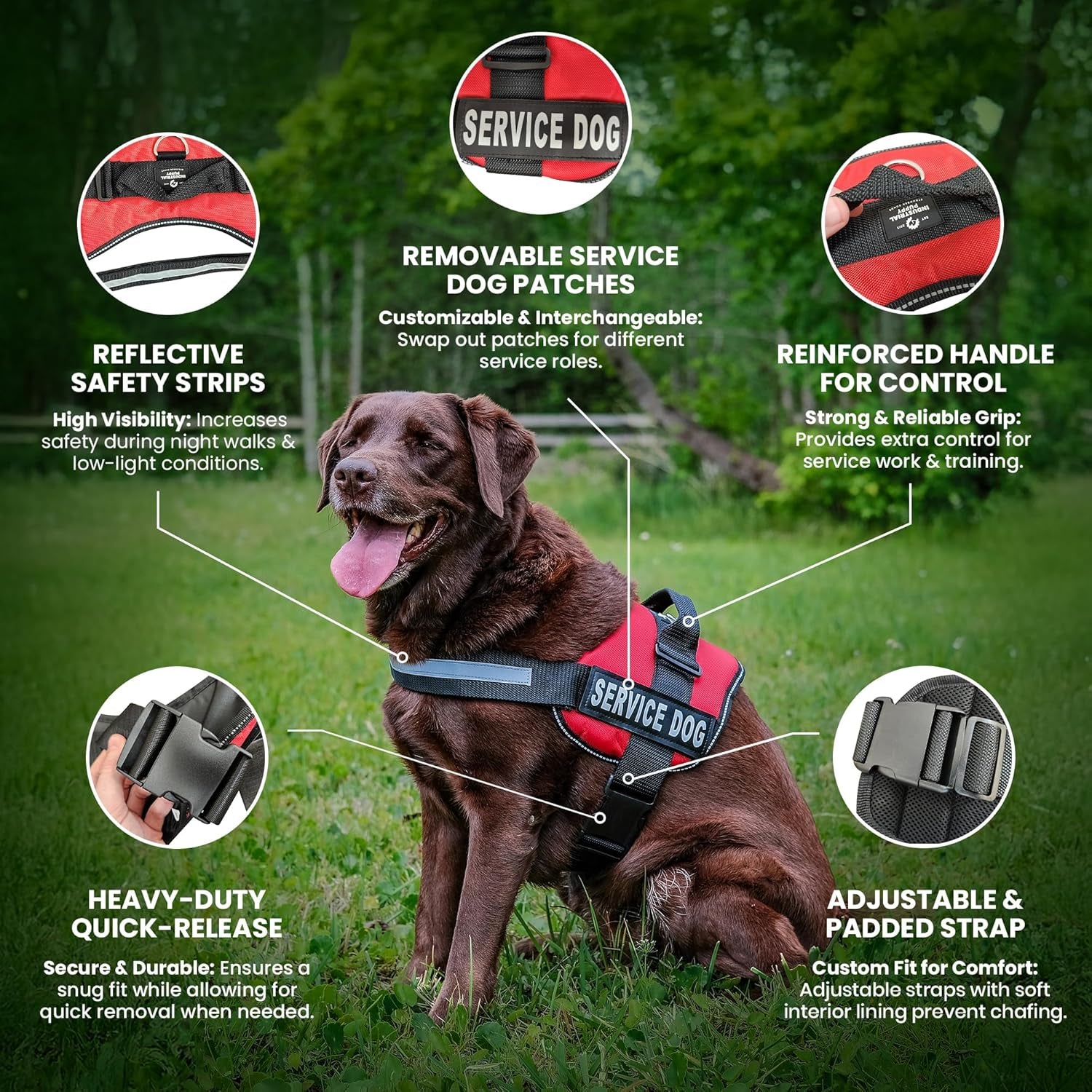 Industrial Puppy Service Dog Vest with Hook and Loop Straps & Matching Service Dog Leash Set - Harnesses from XXS to XXL - Harness Features Reflective Patch and Comfortable Mesh Design