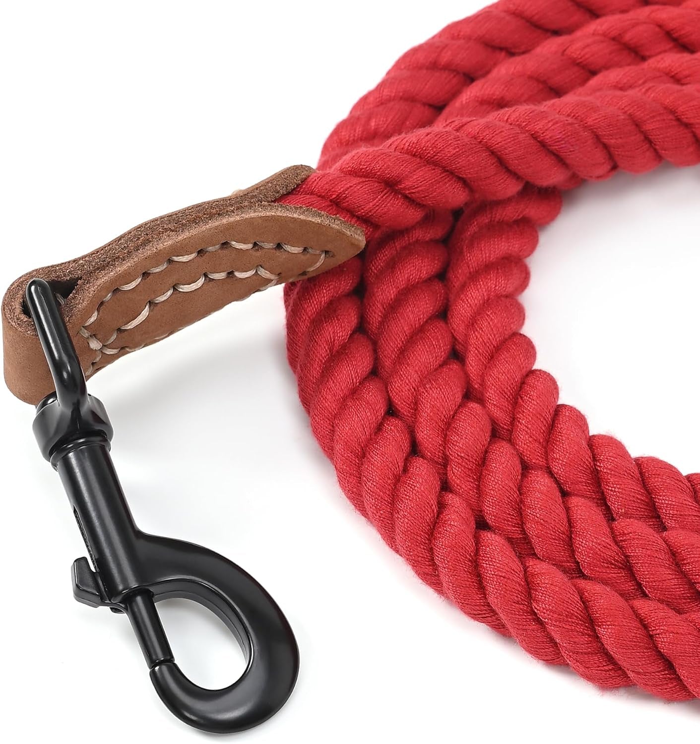 Mile High Life Dog Leash, Braided Cotton Rope Leashes with Leather Tailor Tip with Leather Tip - Heavy Duty Metal Clasp, 5FT, 1/2" Thick - Wedding, Walking Leash for Medium Large Dogs(Red)