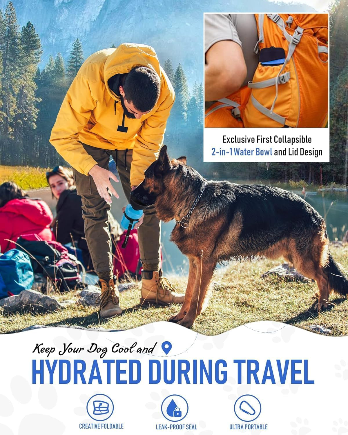 Lesotc Dog Water Bottle, Portable Water Dispenser with Bowl, Leak Proof Pet Travel Squeeze Bottle, Puppy Essentials Dog Stuff Accessories for Outdoor Walking, Hiking, Camping