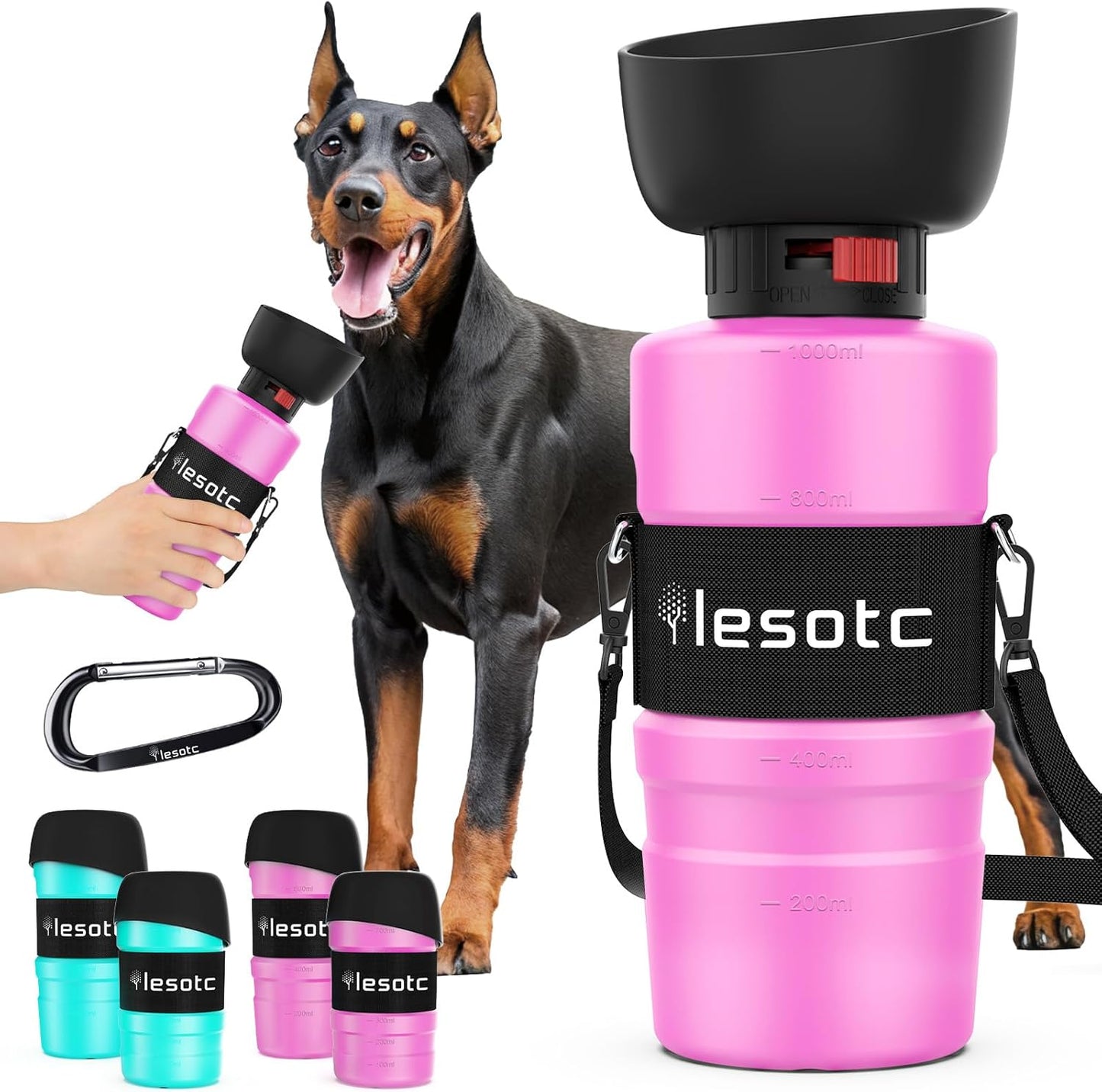 Lesotc Dog Water Bottle, Portable Water Dispenser with Bowl, Leak Proof Pet Travel Squeeze Bottle, Puppy Essentials Dog Stuff Accessories for Outdoor Walking, Hiking, Camping