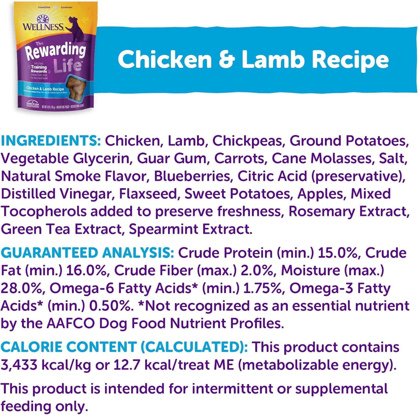 Wellness Rewarding Life Dog Treats, Training Treat, Grain Free, Soft Chicken & Lamb (6 Ounce Bag)