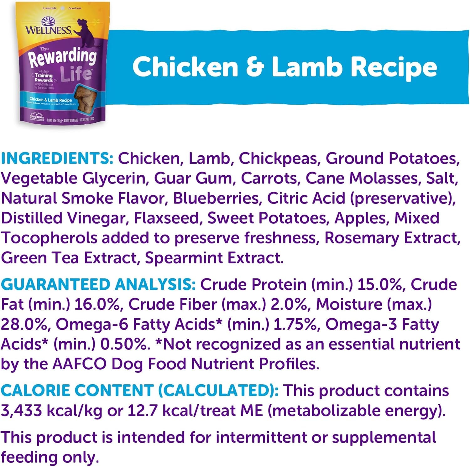 Wellness Rewarding Life Dog Treats, Training Treat, Grain Free, Soft Chicken & Lamb (6 Ounce Bag)