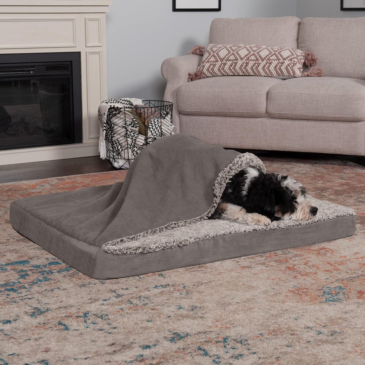 Furhaven Orthopedic Dog Bed for Large/Medium Dogs W/ Removable Washable Cover, for Dogs up to 55 Lbs - Berber & Suede Blanket Top Mattress - Gray, Large
