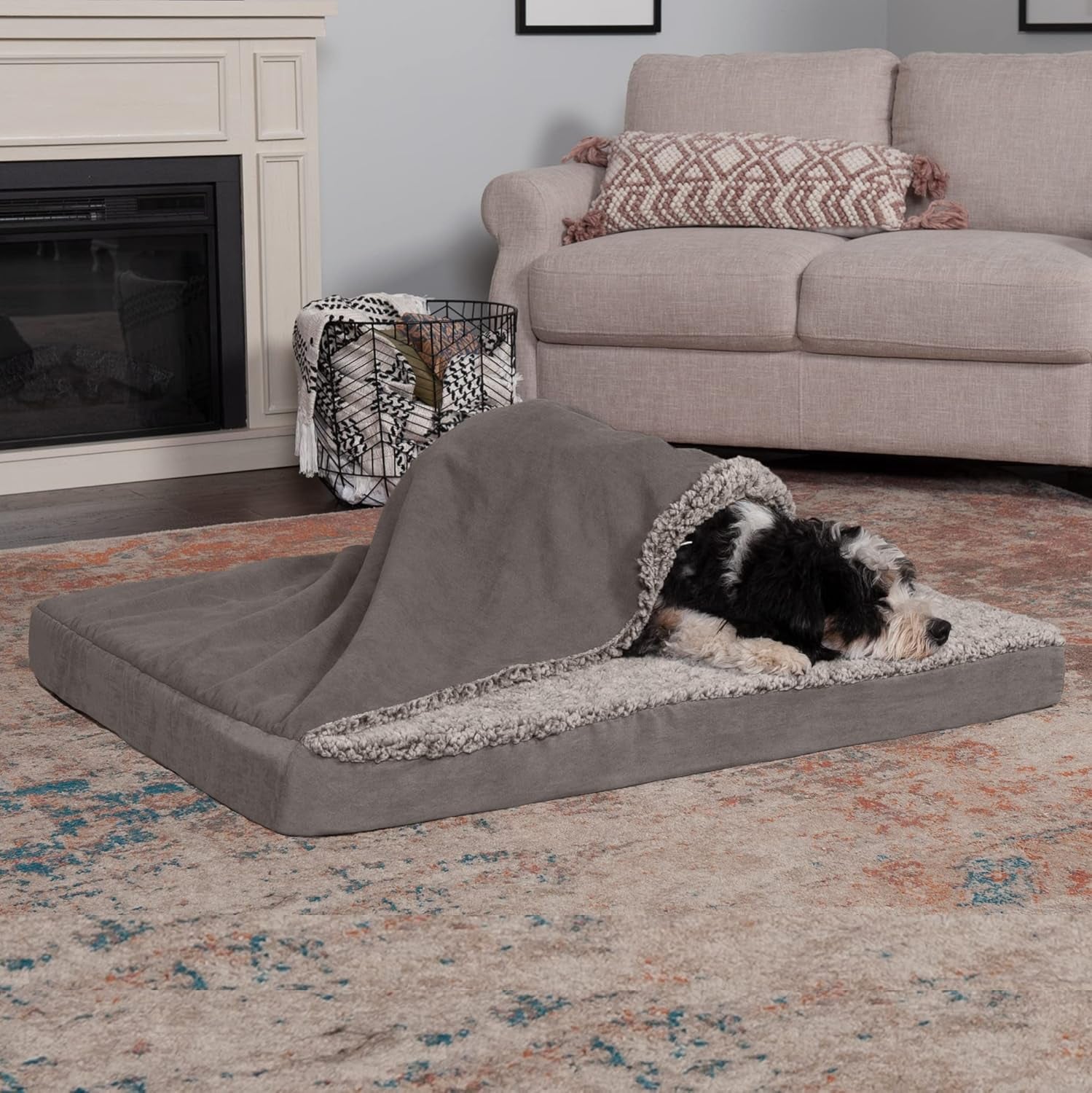 Furhaven Orthopedic Dog Bed for Large/Medium Dogs W/ Removable Washable Cover, for Dogs up to 55 Lbs - Berber & Suede Blanket Top Mattress - Gray, Large