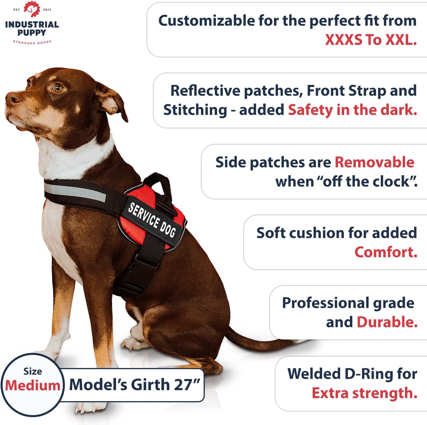 Industrial Puppy Service Dog Vest with Hook and Loop Straps & Matching Service Dog Leash Set - Harnesses from XXS to XXL - Harness Features Reflective Patch and Comfortable Mesh Design