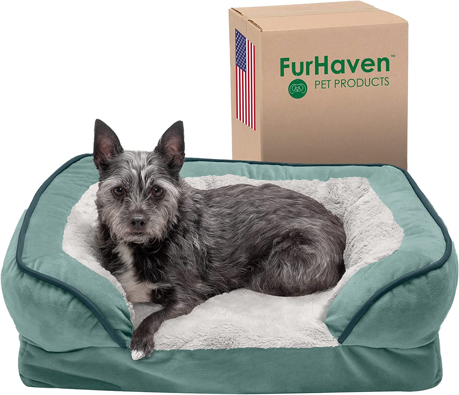 Furhaven Orthopedic Dog Bed for Small Dogs W/ Removable Bolsters & Washable Cover, for Dogs up to 20 Lbs - Plush & Velvet Waves Perfect Comfort Sofa - Celadon Green, Small