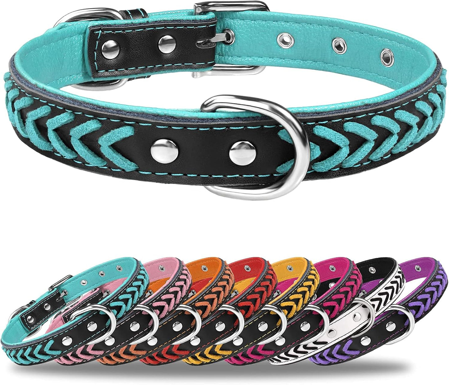 Tagme Leather Dog Collar for Puppy, Stylish Braided Padded Dog Collars with Double D-Rings for Girl and Boy Dog, Teal Blue XS