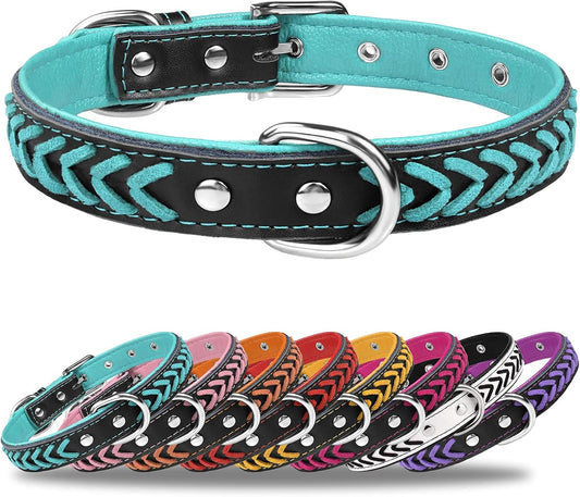 Tagme Leather Dog Collar for Puppy, Stylish Braided Padded Dog Collars with Double D-Rings for Girl and Boy Dog, Teal Blue XS