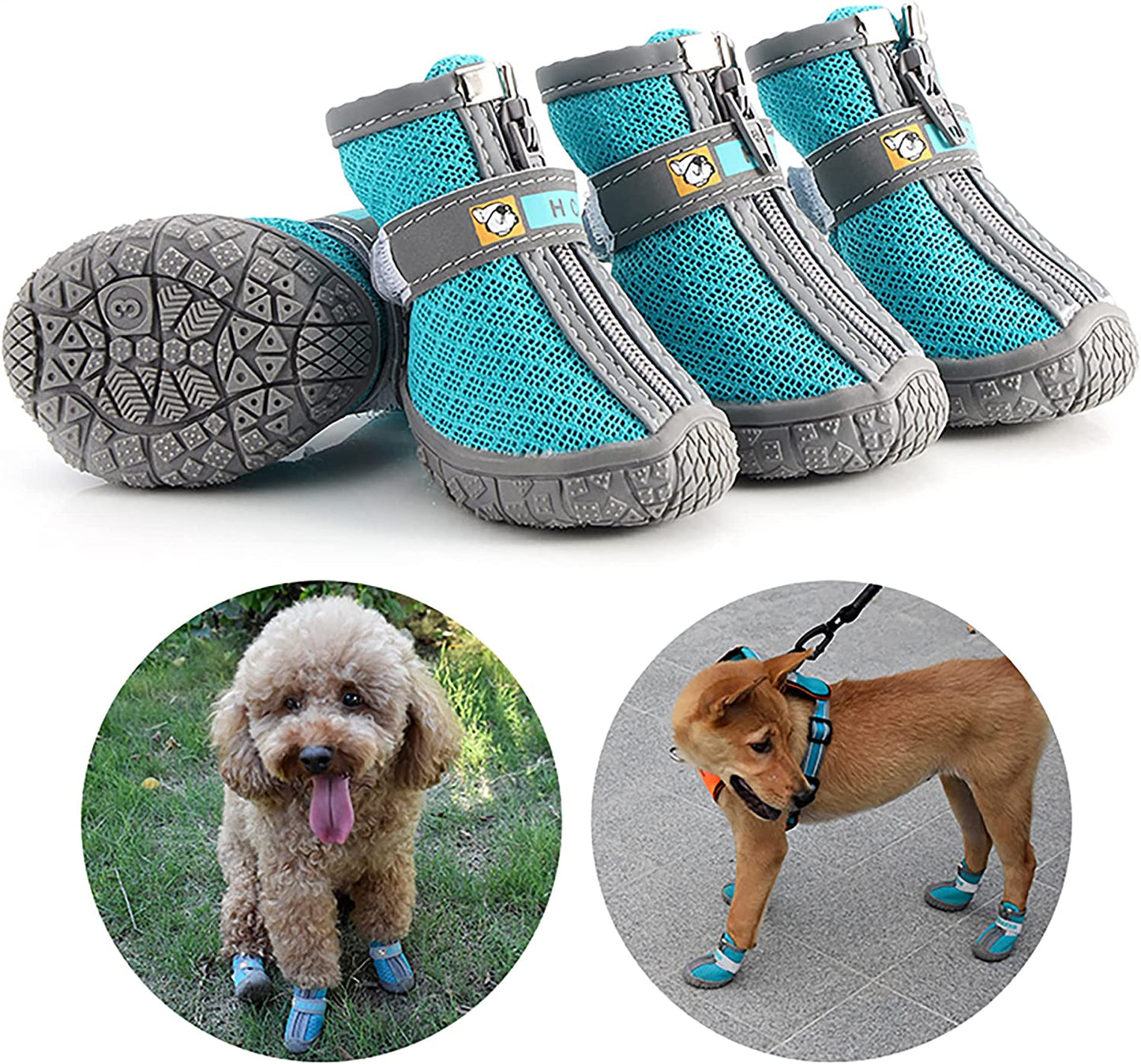 Dog Booties Paw Protectors - Breathable Hiking Boots with Anti-Slip Rugged Sole for Small to Medium Dogs, Blue, Size 4 (Pack of 4)