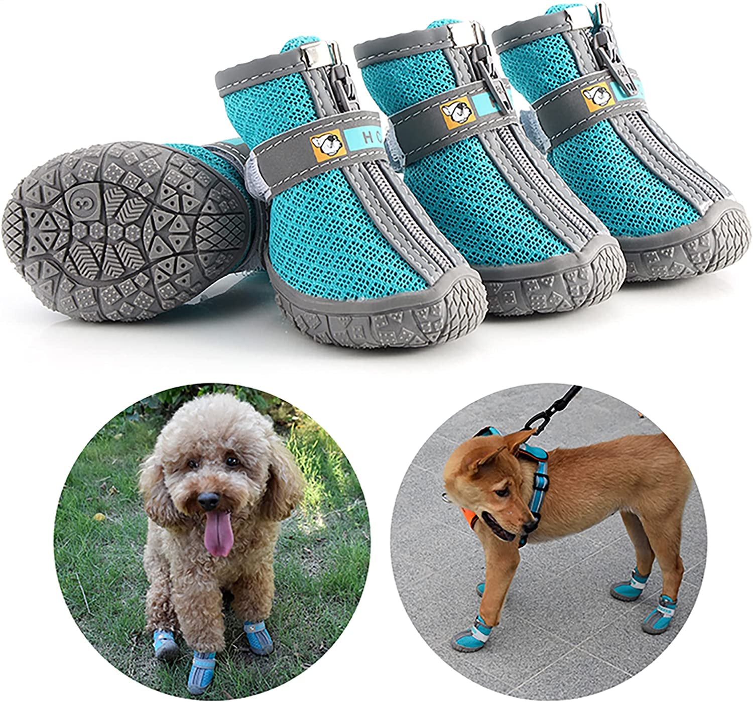 Dog Booties Paw Protectors - Breathable Hiking Boots with Anti-Slip Rugged Sole for Small to Medium Dogs, Blue, Size 4 (Pack of 4)
