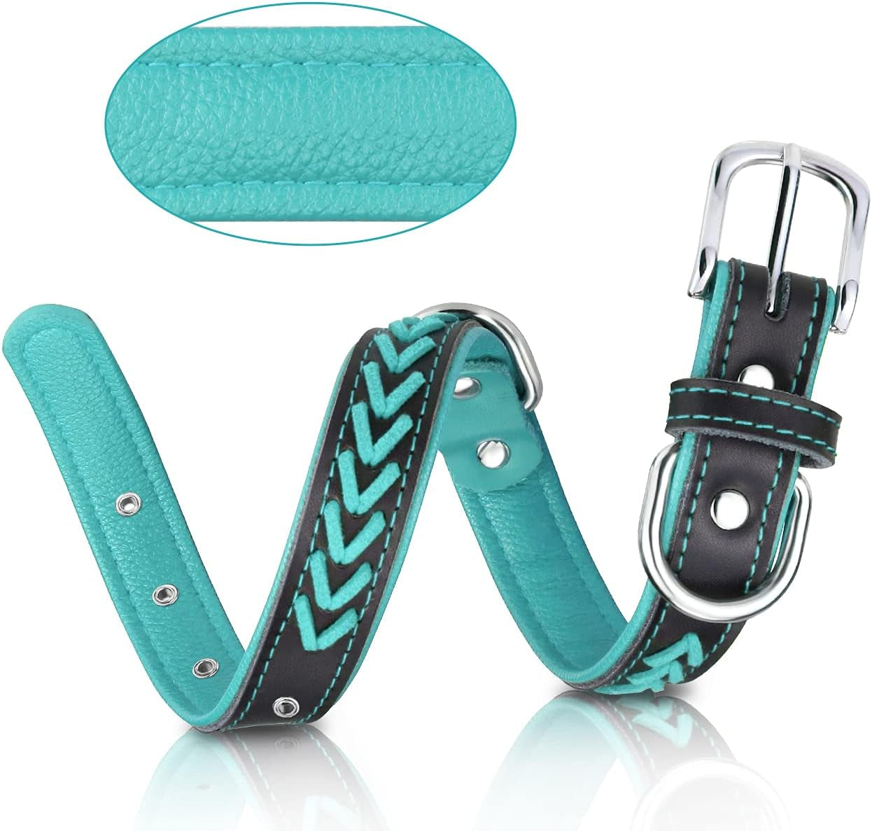 Tagme Leather Dog Collar for Puppy, Stylish Braided Padded Dog Collars with Double D-Rings for Girl and Boy Dog, Teal Blue XS