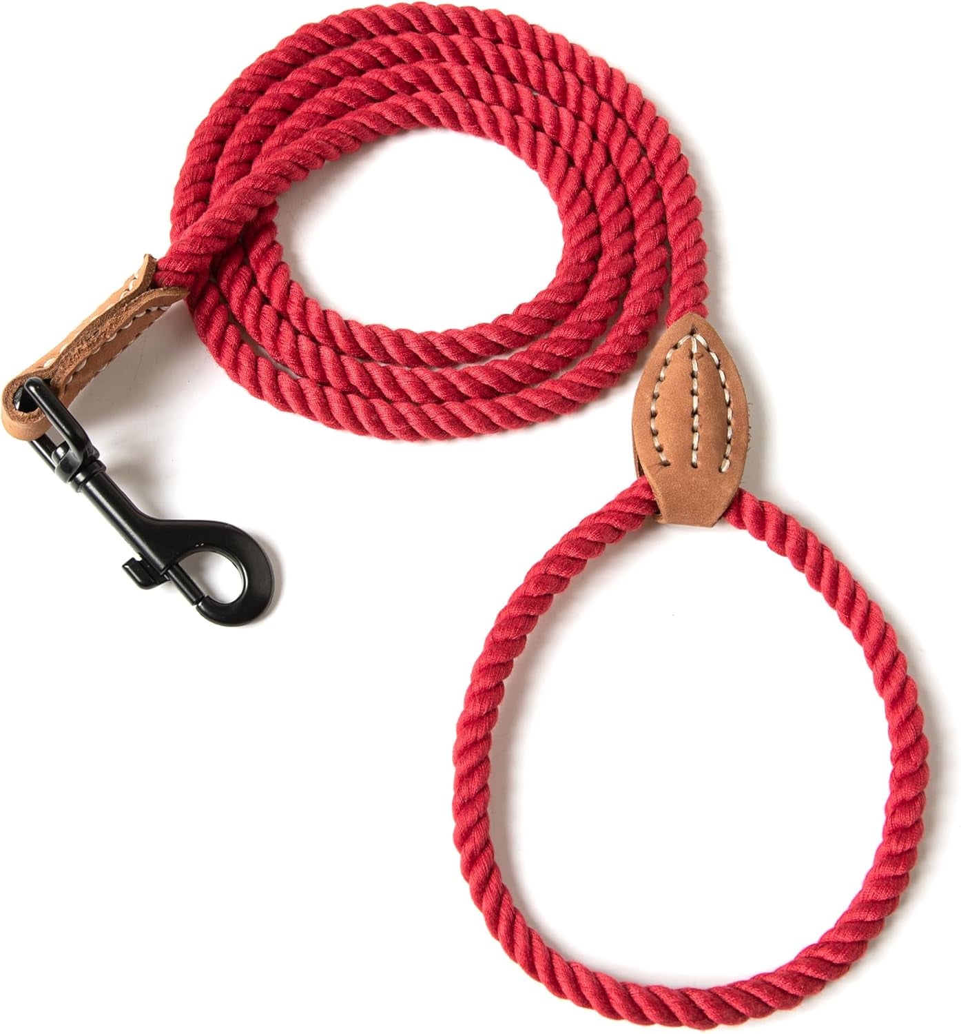 Mile High Life Dog Leash, Braided Cotton Rope Leashes with Leather Tailor Tip with Leather Tip - Heavy Duty Metal Clasp, 5FT, 1/2" Thick - Wedding, Walking Leash for Medium Large Dogs(Red)