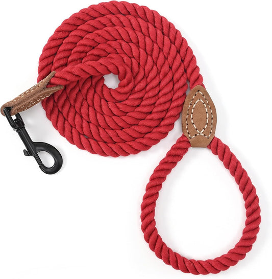 Mile High Life Dog Leash, Braided Cotton Rope Leashes with Leather Tailor Tip with Leather Tip - Heavy Duty Metal Clasp, 5FT, 1/2" Thick - Wedding, Walking Leash for Medium Large Dogs(Red)