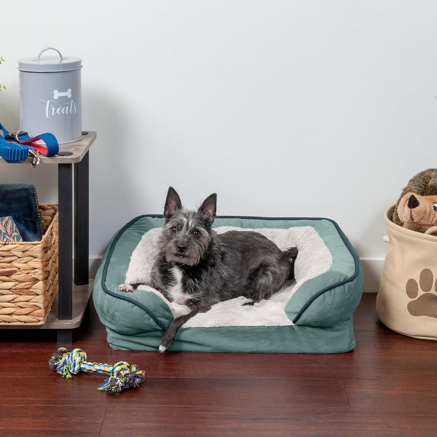 Furhaven Orthopedic Dog Bed for Small Dogs W/ Removable Bolsters & Washable Cover, for Dogs up to 20 Lbs - Plush & Velvet Waves Perfect Comfort Sofa - Celadon Green, Small