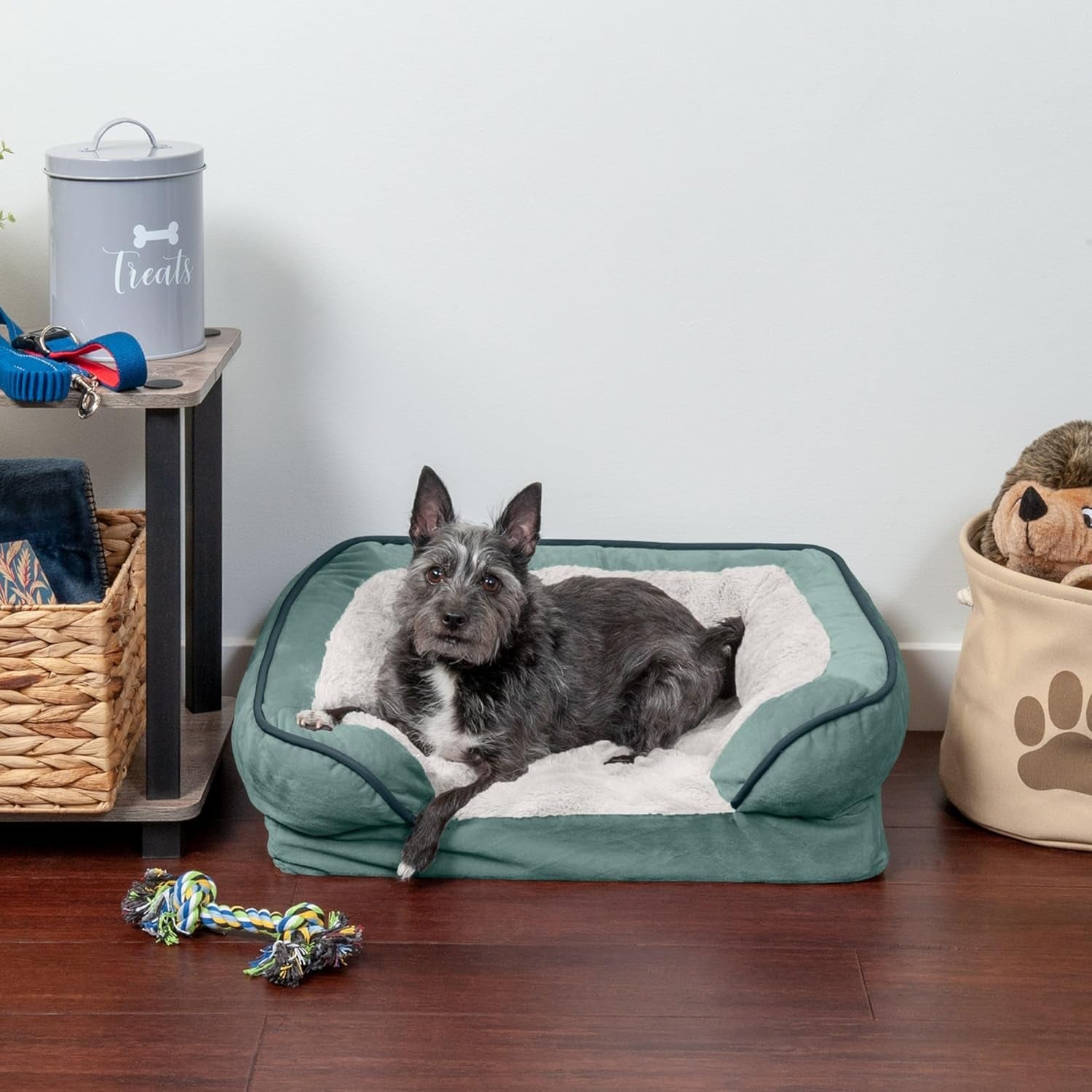 Furhaven Orthopedic Dog Bed for Small Dogs W/ Removable Bolsters & Washable Cover, for Dogs up to 20 Lbs - Plush & Velvet Waves Perfect Comfort Sofa - Celadon Green, Small