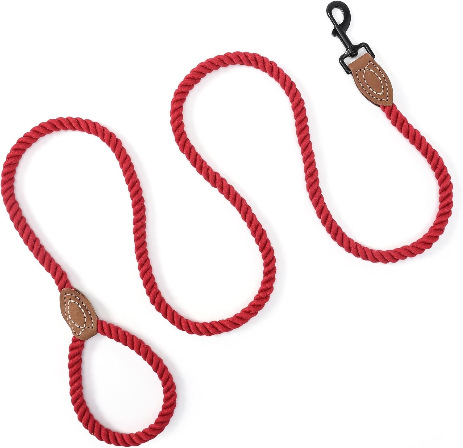 Mile High Life Dog Leash, Braided Cotton Rope Leashes with Leather Tailor Tip with Leather Tip - Heavy Duty Metal Clasp, 5FT, 1/2" Thick - Wedding, Walking Leash for Medium Large Dogs(Red)