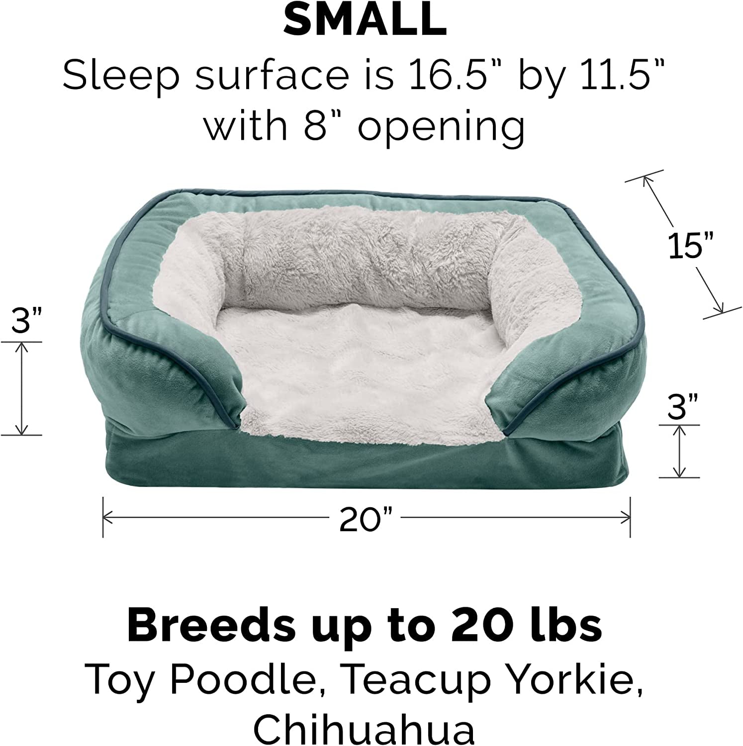 Furhaven Orthopedic Dog Bed for Small Dogs W/ Removable Bolsters & Washable Cover, for Dogs up to 20 Lbs - Plush & Velvet Waves Perfect Comfort Sofa - Celadon Green, Small