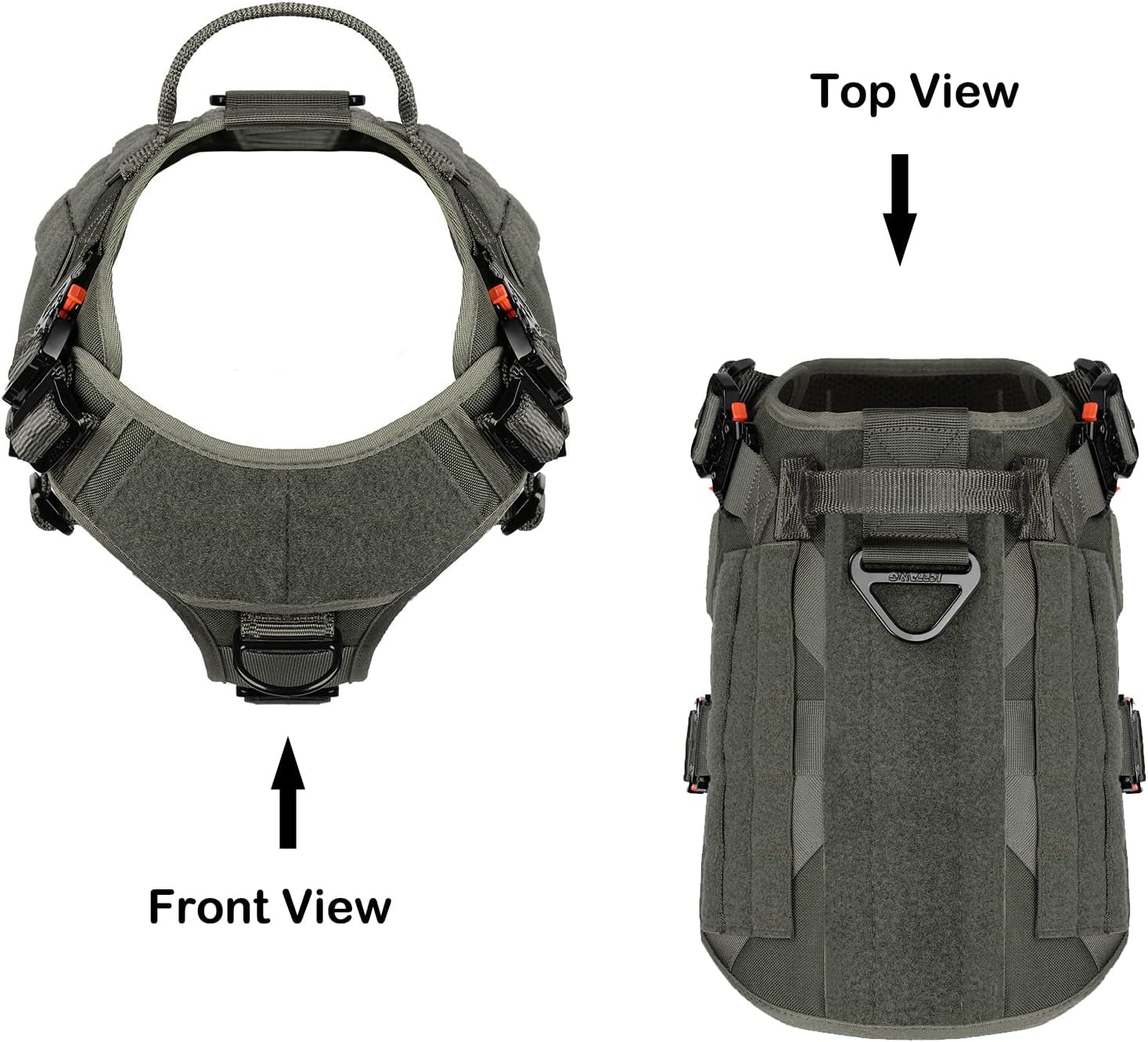 ICEFANG Tactical Dog Harness with 4X Metal Buckle,Working Dog MOLLE K9 Vest with Handle,No Pulling Front Clip,Adjustable Pet Harness for Large Dogs (L (28"-35" Chest), Green)