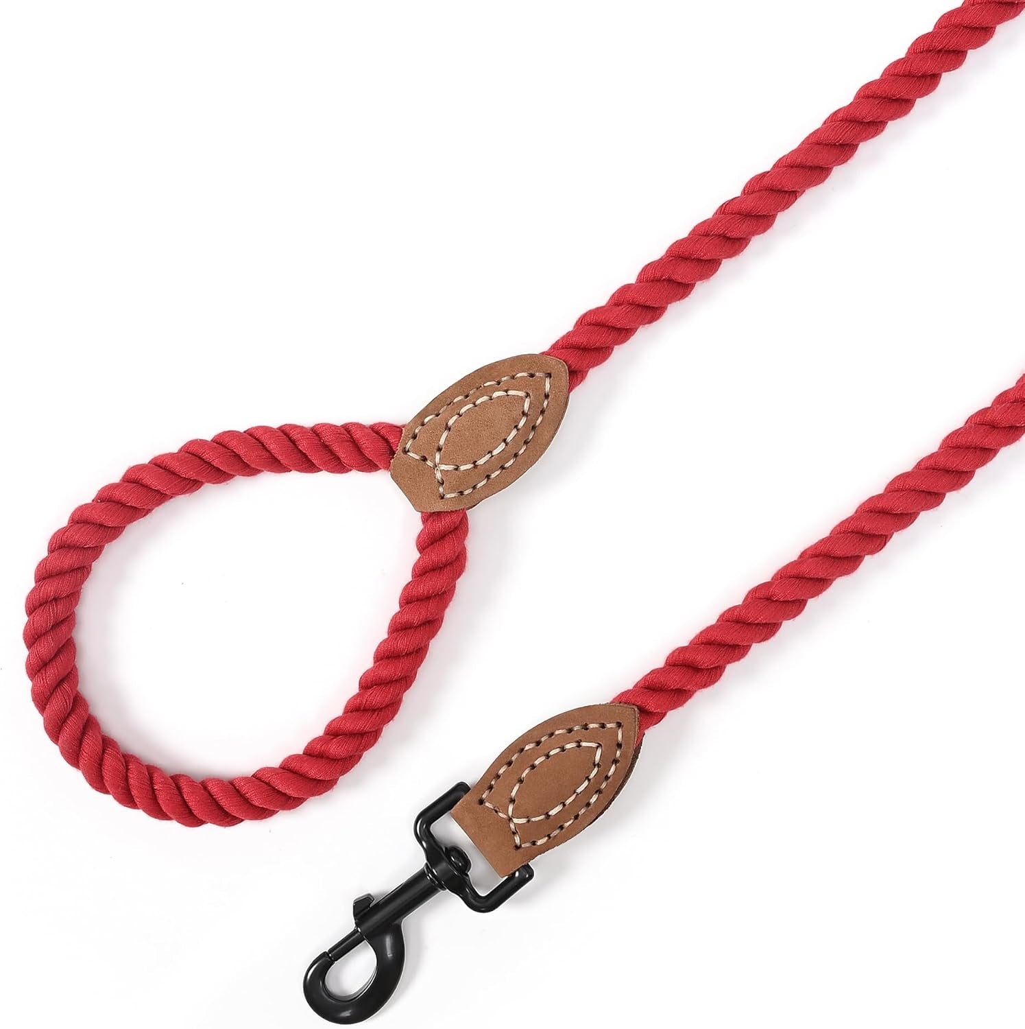 Mile High Life Dog Leash, Braided Cotton Rope Leashes with Leather Tailor Tip with Leather Tip - Heavy Duty Metal Clasp, 5FT, 1/2" Thick - Wedding, Walking Leash for Medium Large Dogs(Red)