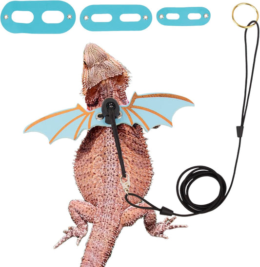 ADOGGYGO Bearded Dragon Harness, Blue, Wing Style, Animal Harness, 3 Size Pack, Soft Leather, Durable Nylon Rope, Removable Leash, Suitable for Baby to Adult Beardies