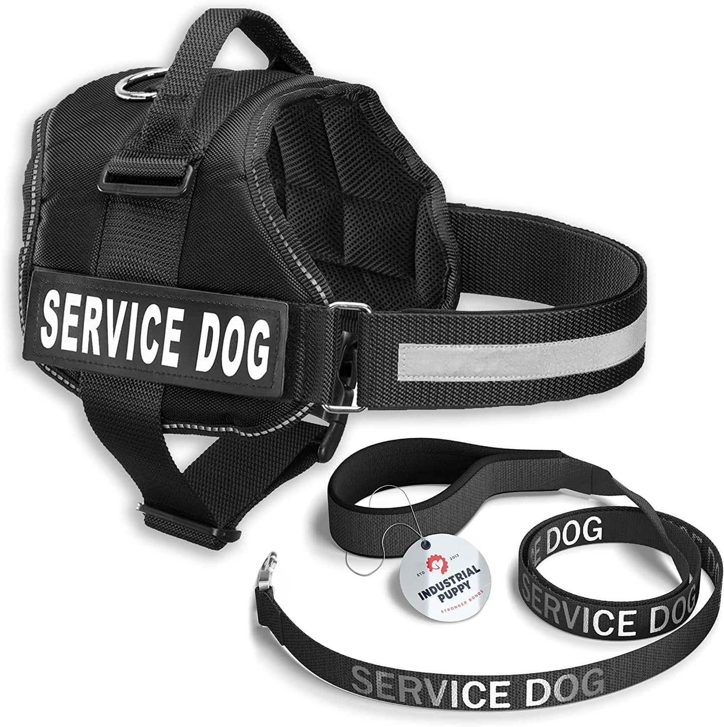 Industrial Puppy Service Dog Vest with Hook and Loop Straps & Matching Service Dog Leash Set - Harnesses from XXS to XXL - Harness Features Reflective Patch and Comfortable Mesh Design