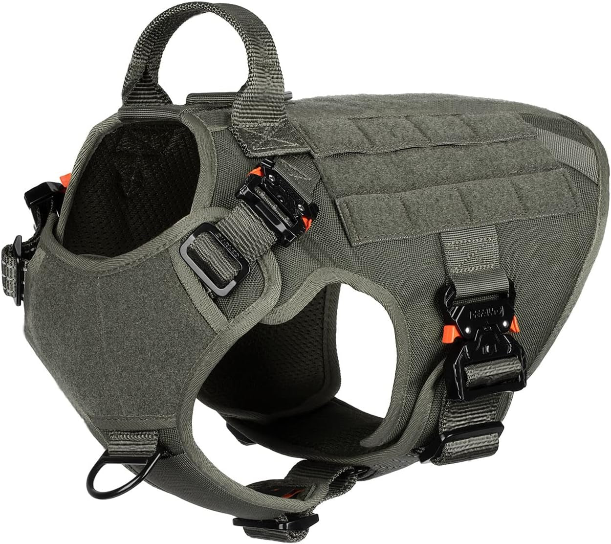 ICEFANG Tactical Dog Harness with 4X Metal Buckle,Working Dog MOLLE K9 Vest with Handle,No Pulling Front Clip,Adjustable Pet Harness for Large Dogs (L (28"-35" Chest), Green)